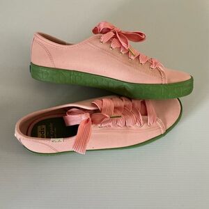 Kate Spade & Keds Collab ‘Kickstart’ Sneakers Pink Canvas W/Green Sole Sz 7.5